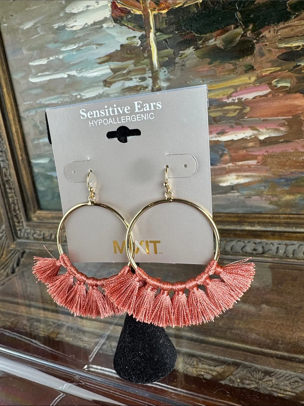 0590-Mixit Gold Hoop Earrings with Coral Tassel Fringe